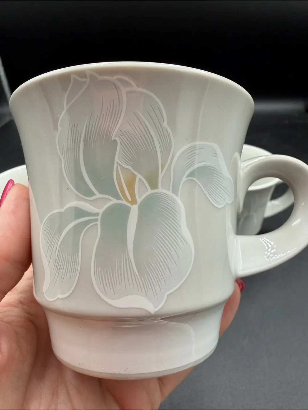 VTG (4) Noritake Fantasia Coffee Mug Cup 8979 Gray Iris Flower Stoneware Japan